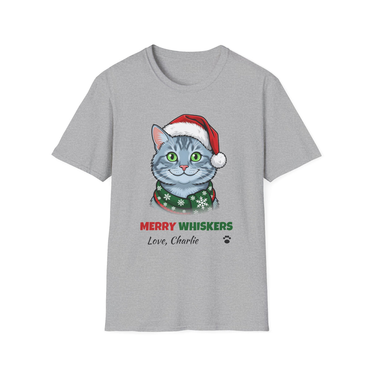 Merry Whiskers Gray Cat Christmas t-shirt in Sport Gray, front view