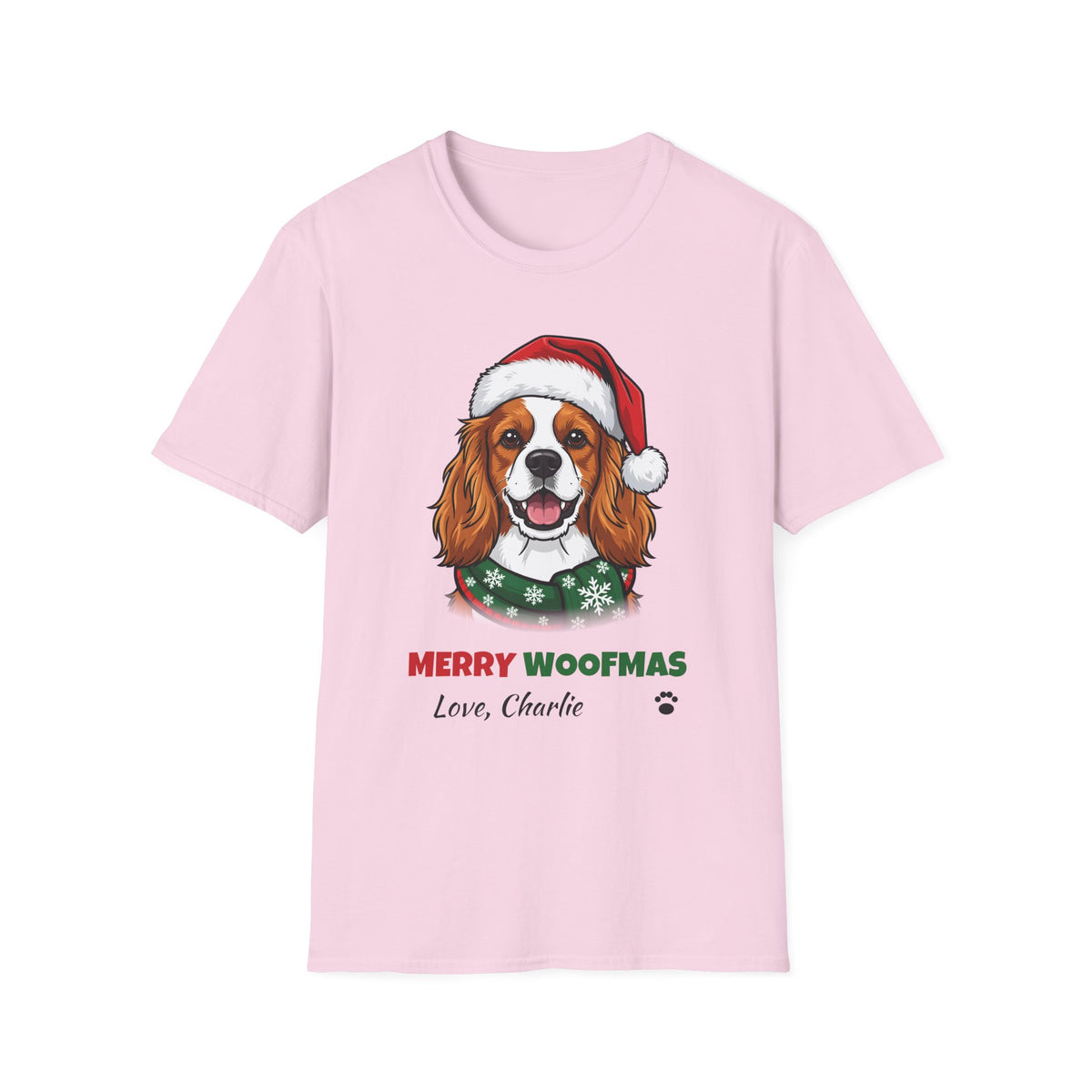 Merry Woofmas Cavalier King Charles Spaniel Christmas t-shirt in Light Pink, front view