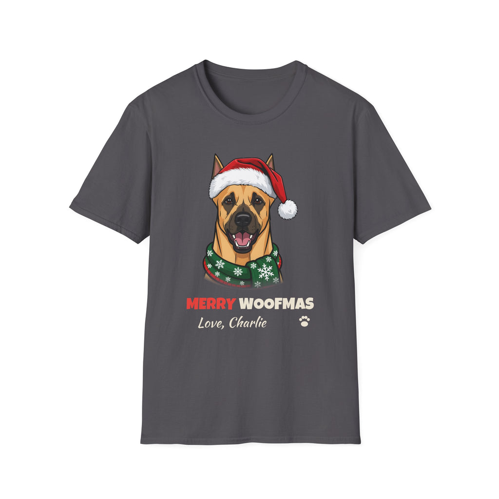 Merry Woofmas Great Dane Christmas t-shirt in Charcoal, front view