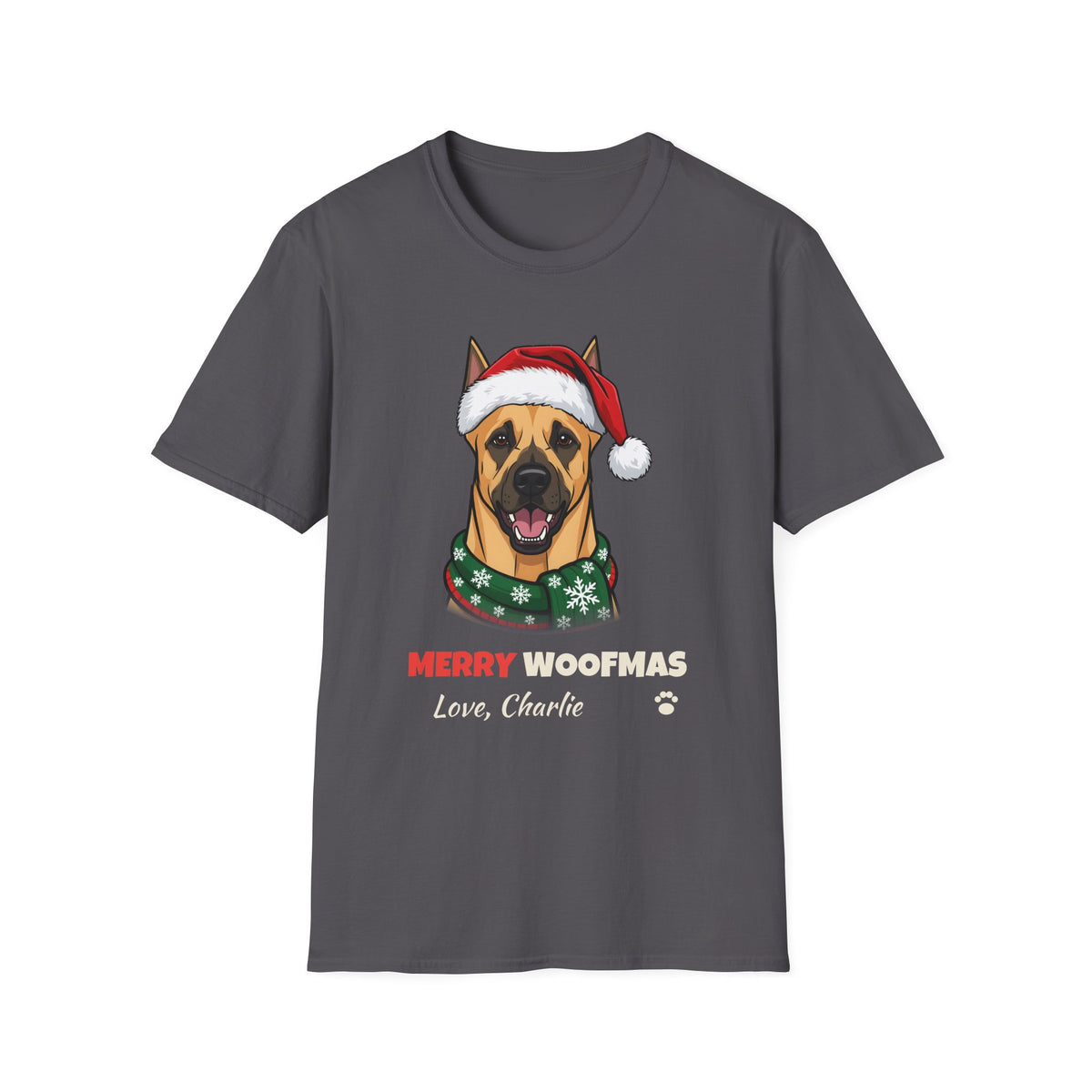 Merry Woofmas Great Dane Christmas t-shirt in Charcoal, front view