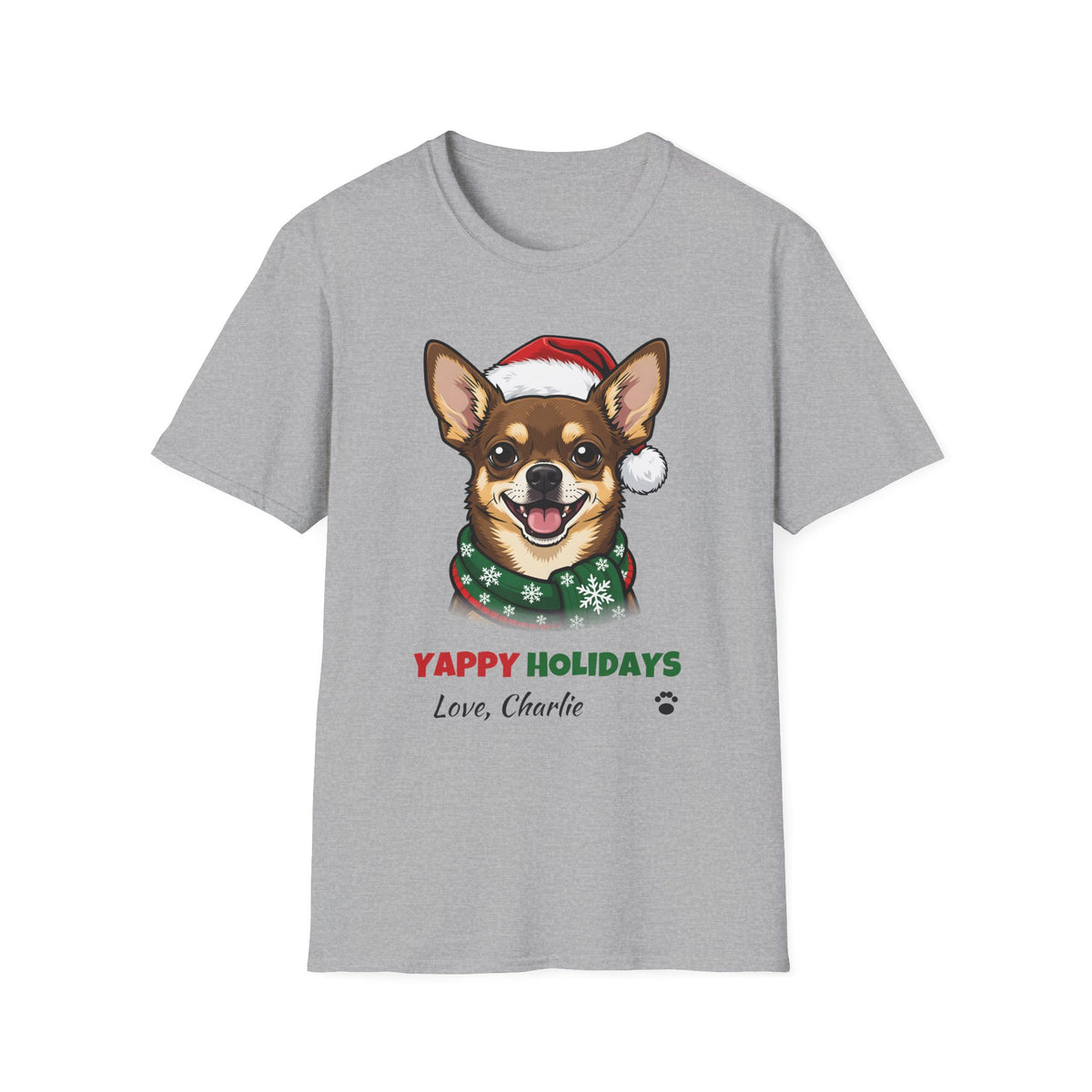 Yappy Holidays Chihuahua Christmas t-shirt in Sport Gray, front view