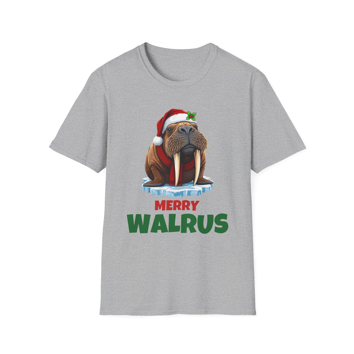 Merry Walrus Christmas t-shirt in Sport Gray, front view