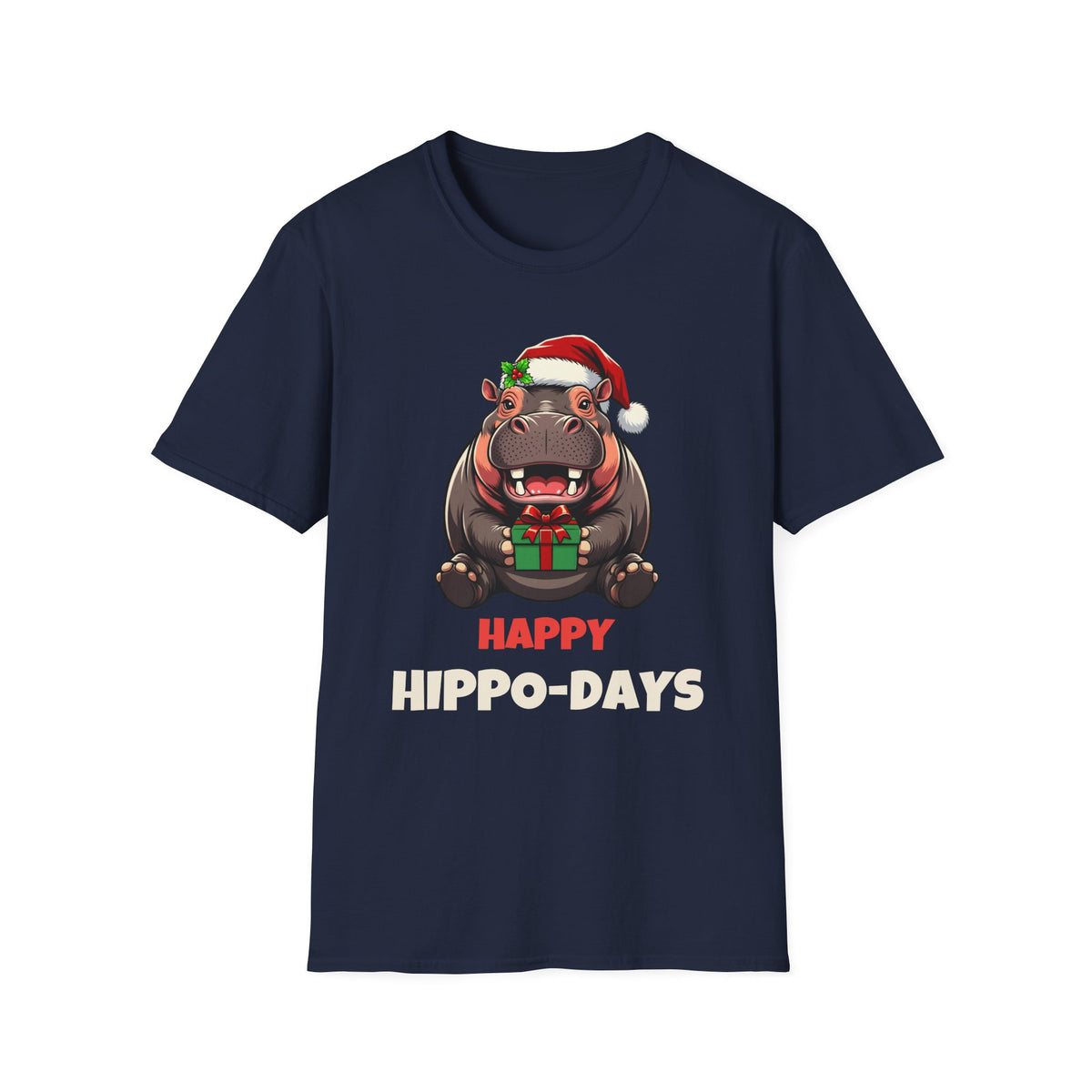 Happy Hippo-Days Christmas t-shirt in Navy, front view