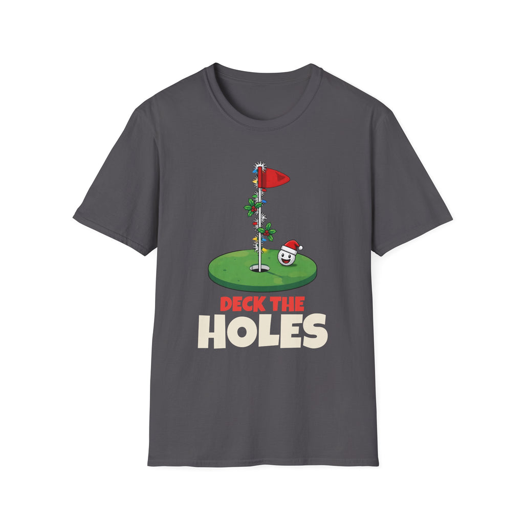 Deck the Holes Christmas t-shirt in Charcoal, front view