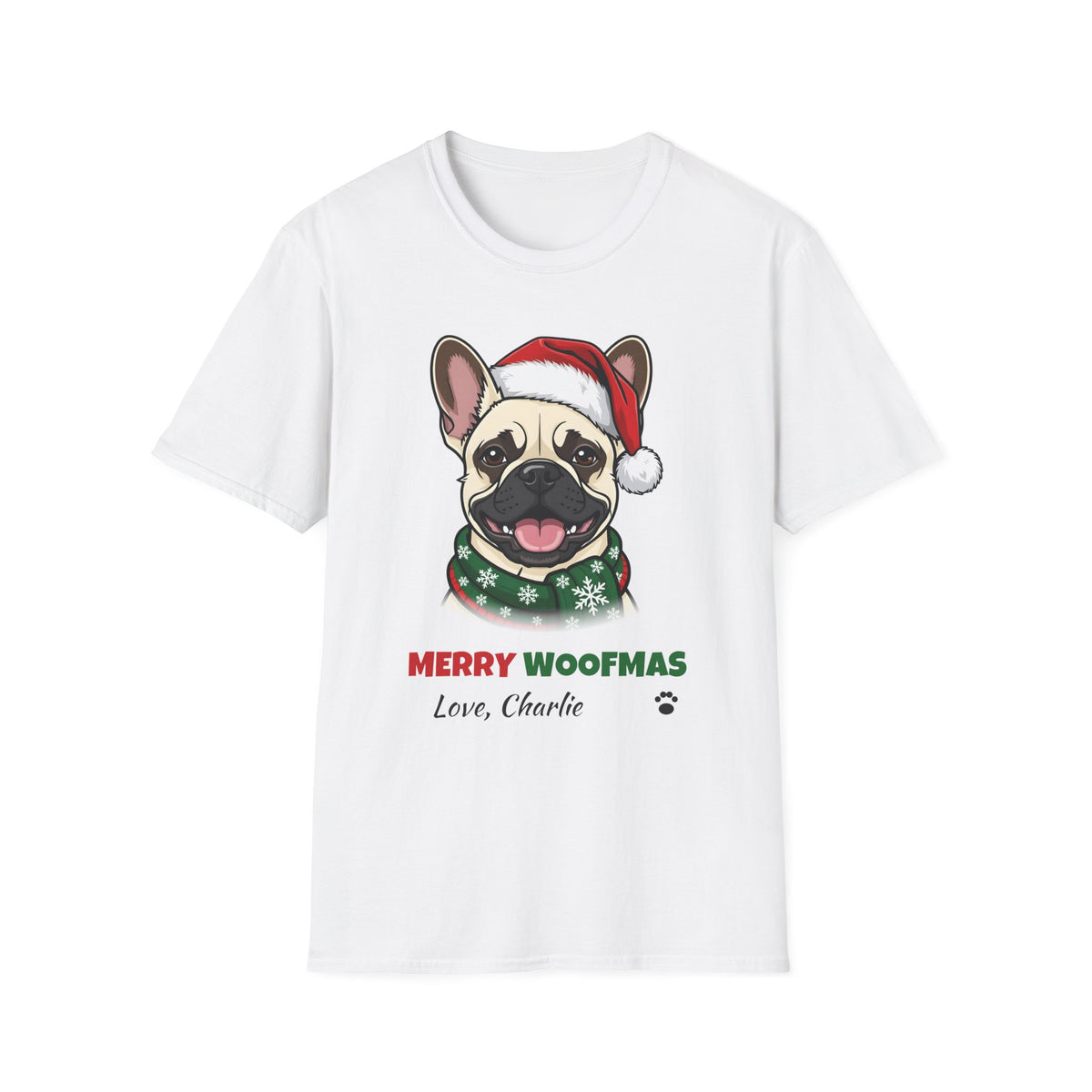 Merry Woofmas Cream French Bulldog Christmas t-shirt in White, front view
