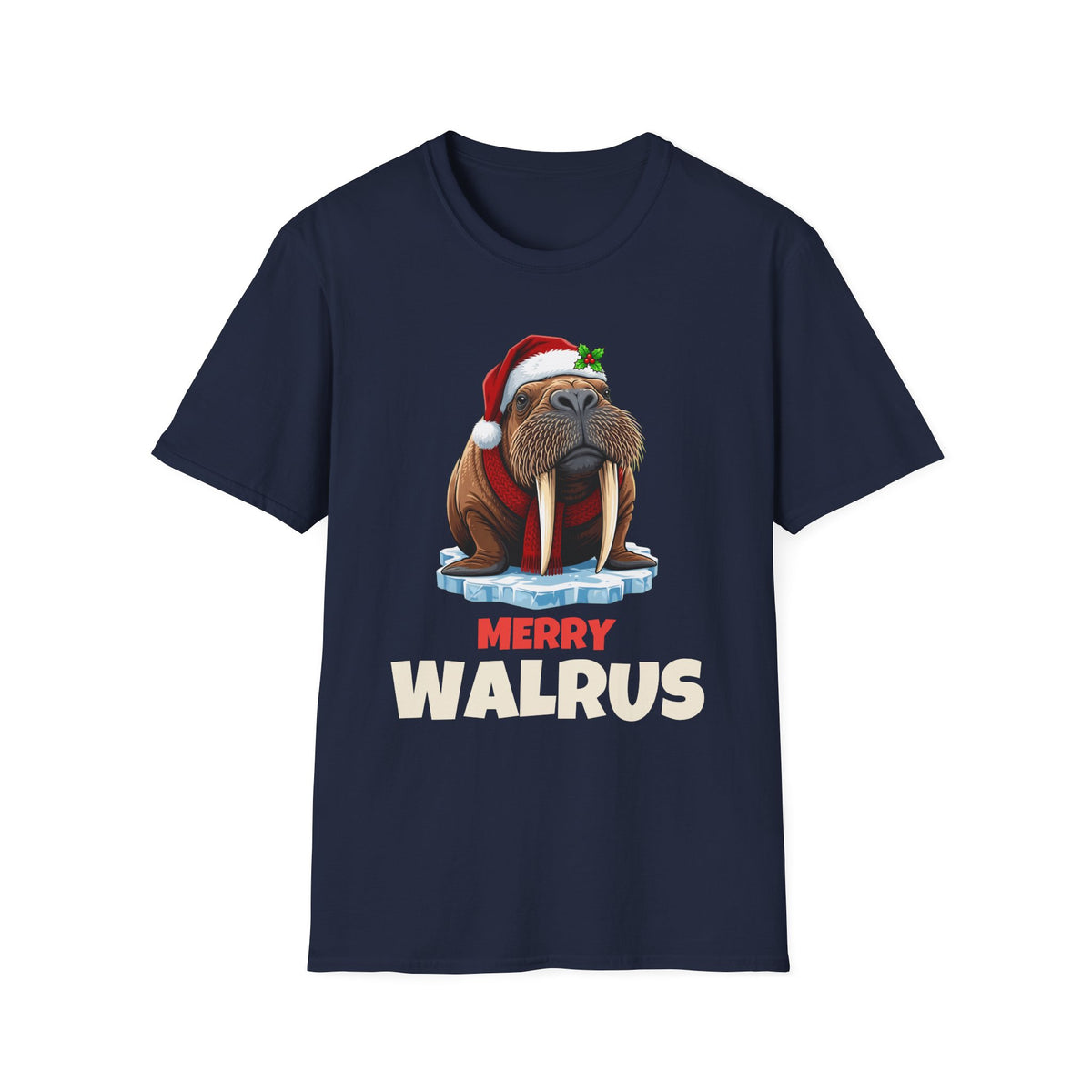Merry Walrus Christmas t-shirt in Navy, front view