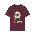 Merry Whiskers Ragdoll Cat Christmas t-shirt in Maroon, front view
