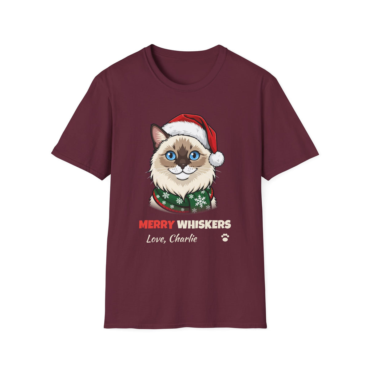 Merry Whiskers Ragdoll Cat Christmas t-shirt in Maroon, front view