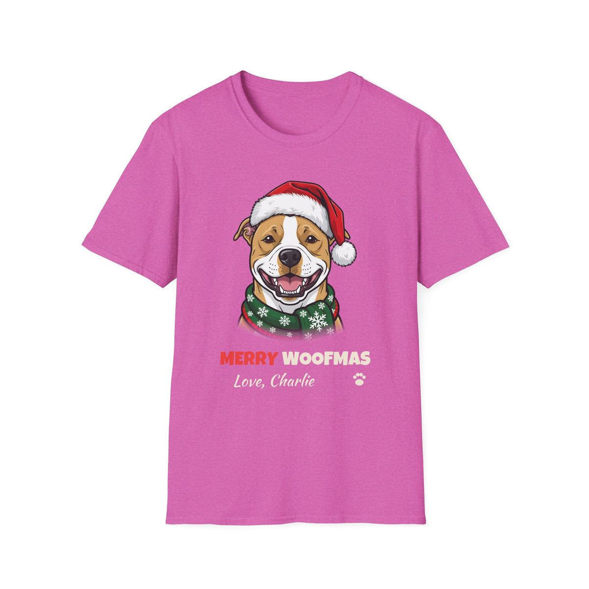 Merry Woofmas Pit Bull Christmas t-shirt in Heather Berry, front view
