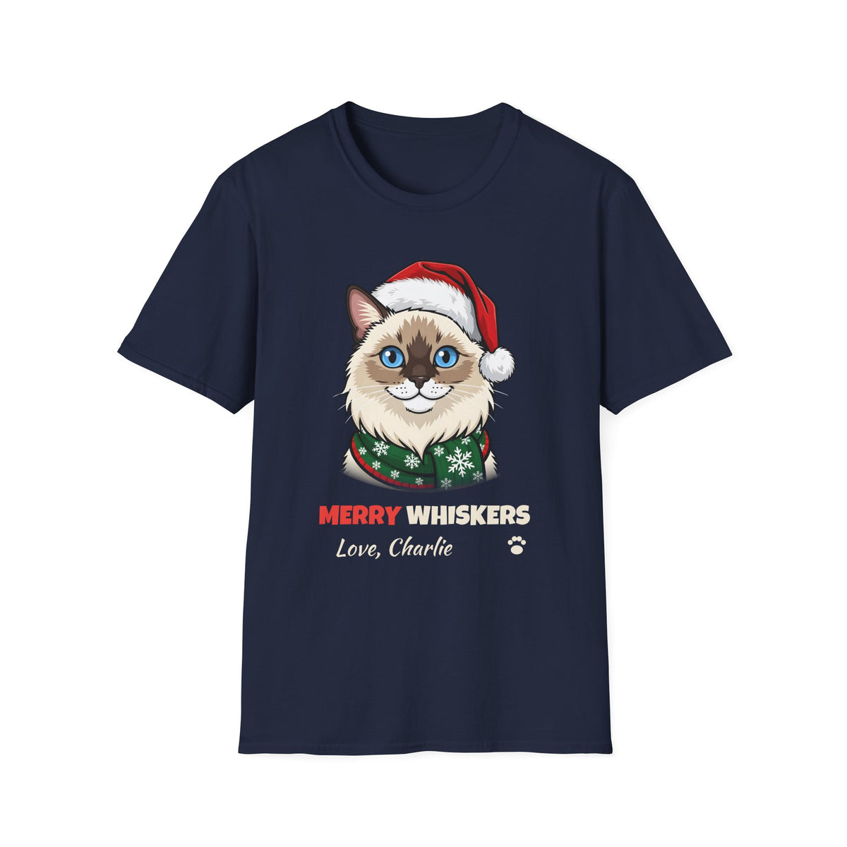 Merry Whiskers Ragdoll Cat Christmas t-shirt in Navy, front view