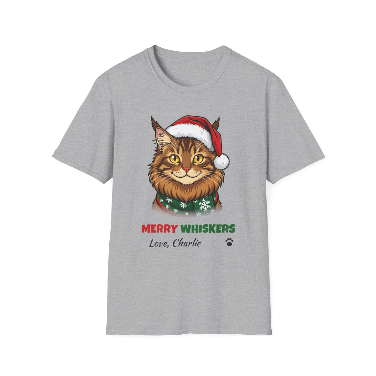 Merry Whiskers Maine Coon Cat Christmas t-shirt in Sport Gray, front view