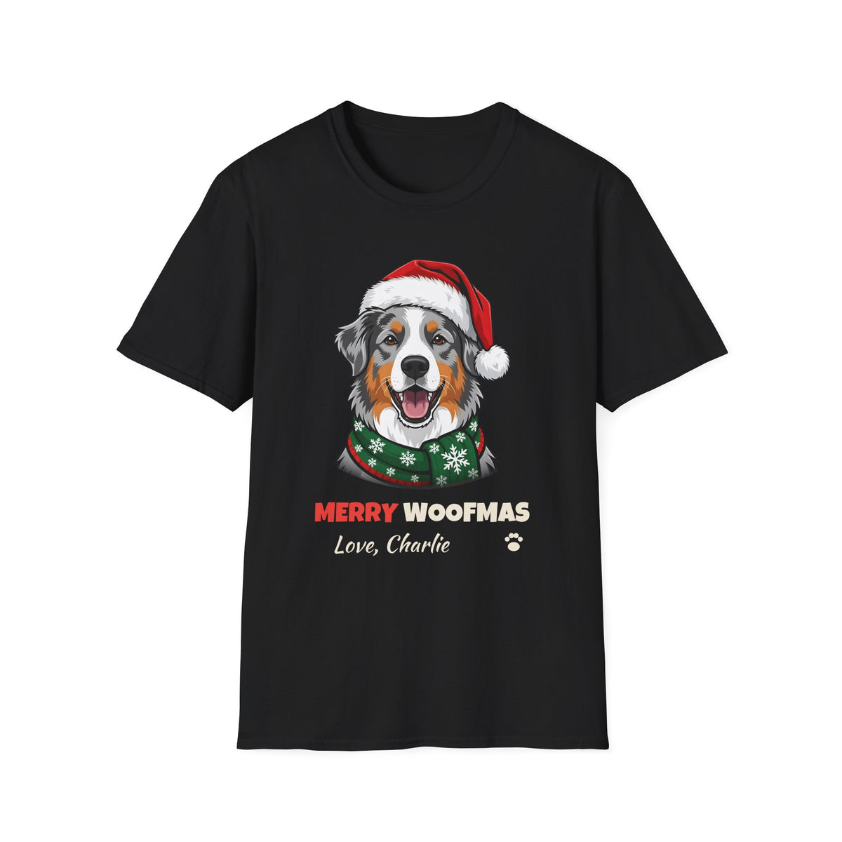 Merry Woofmas Blue Merle Australian Shepherd Christmas t-shirt in Black, front view