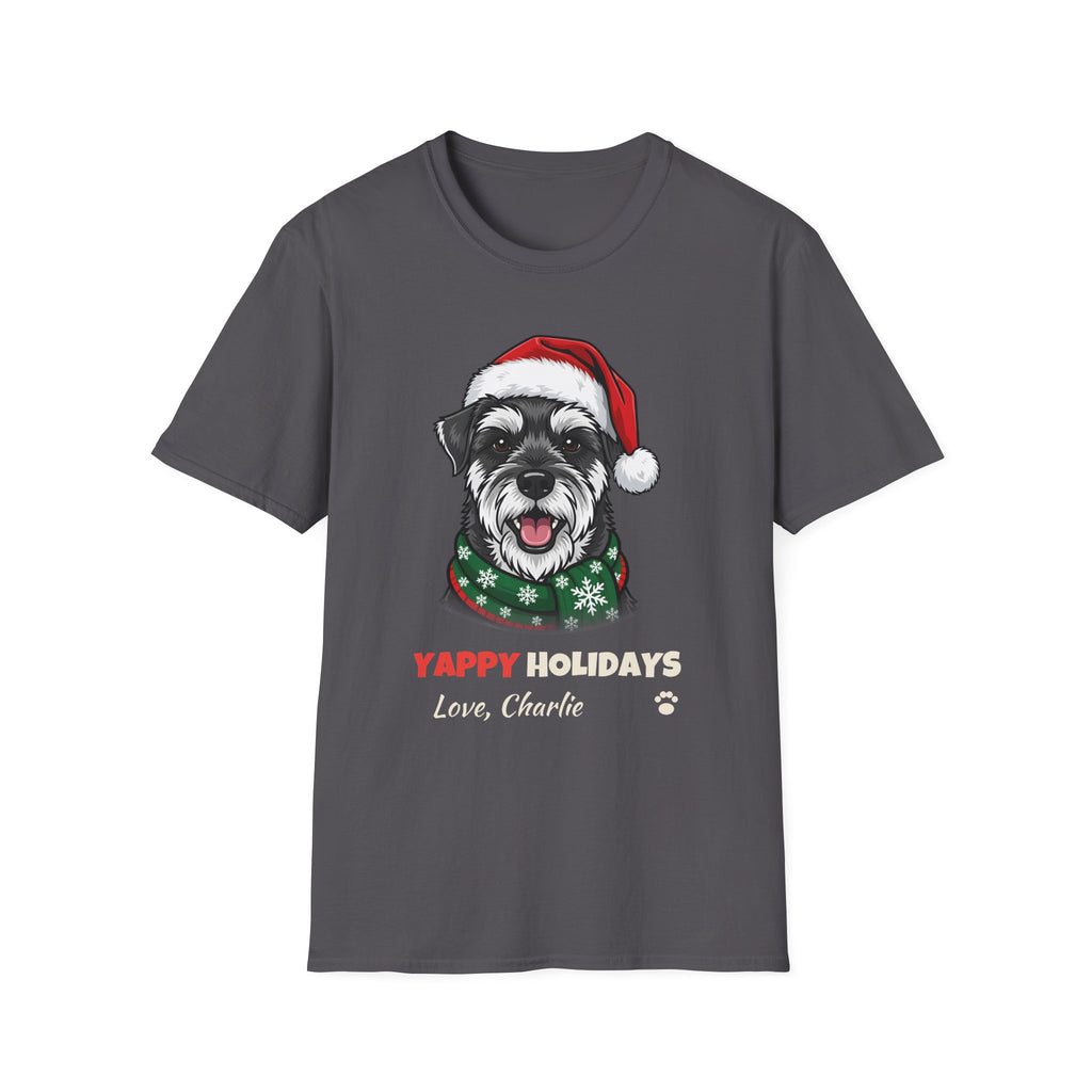 Yappy Holidays Miniature Schnauzer Christmas t-shirt in Charcoal, front view