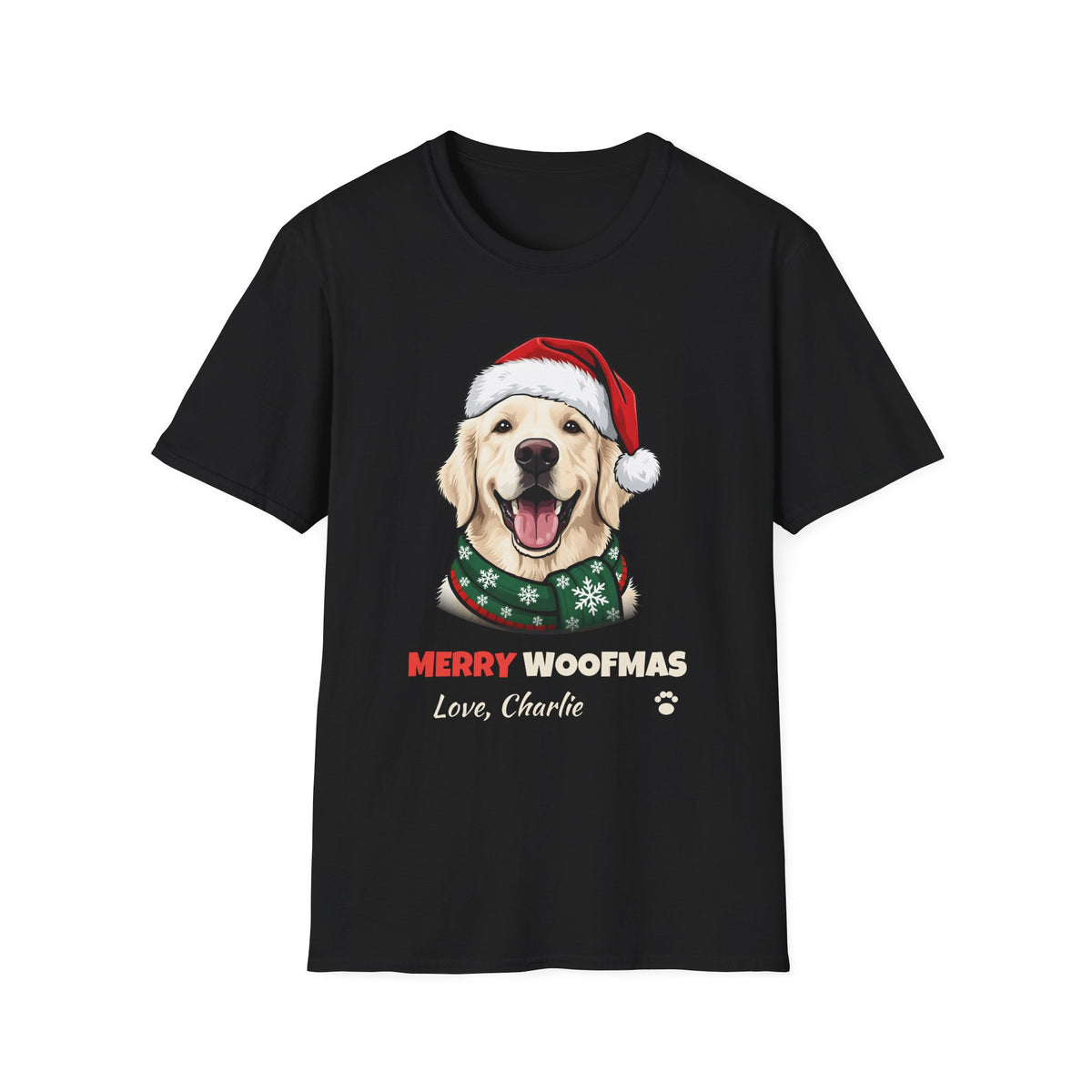 Merry Woofmas English Cream Golden Retriever Christmas t-shirt in Black, front view