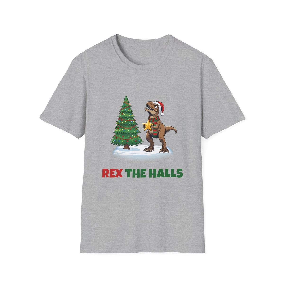 Rex the Halls Christmas t-shirt in Sport Gray, front view