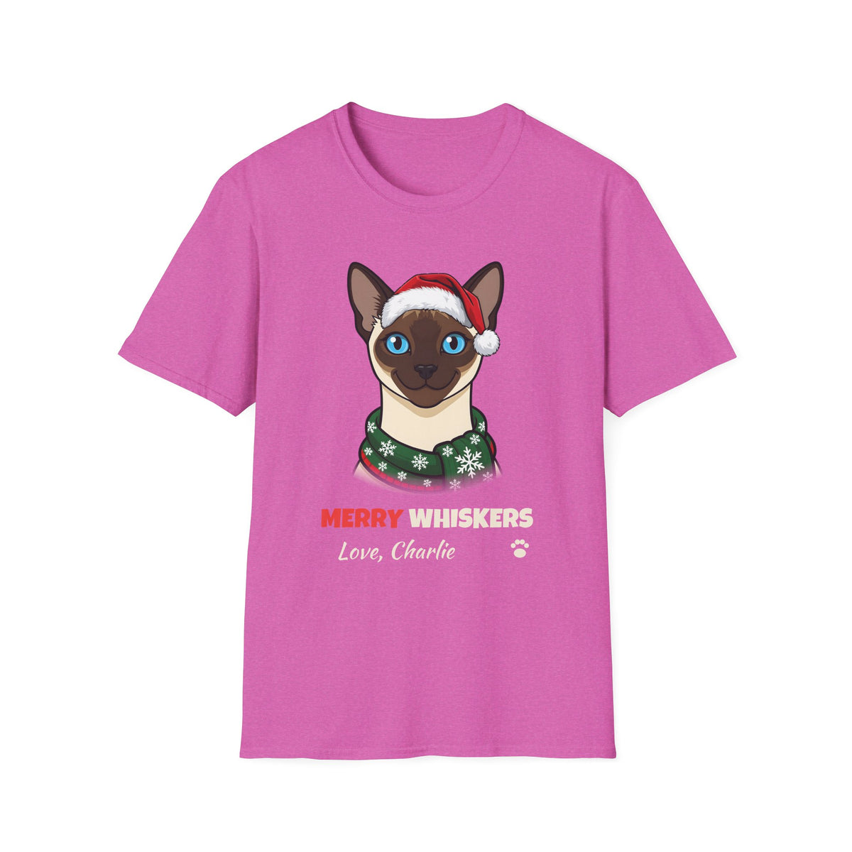 Merry Whiskers Siamese Cat Christmas t-shirt in Heather Berry, front view