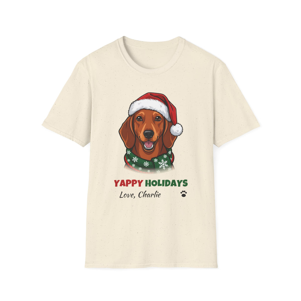 Yappy Holidays Dachshund Christmas t-shirt in Natural, front view