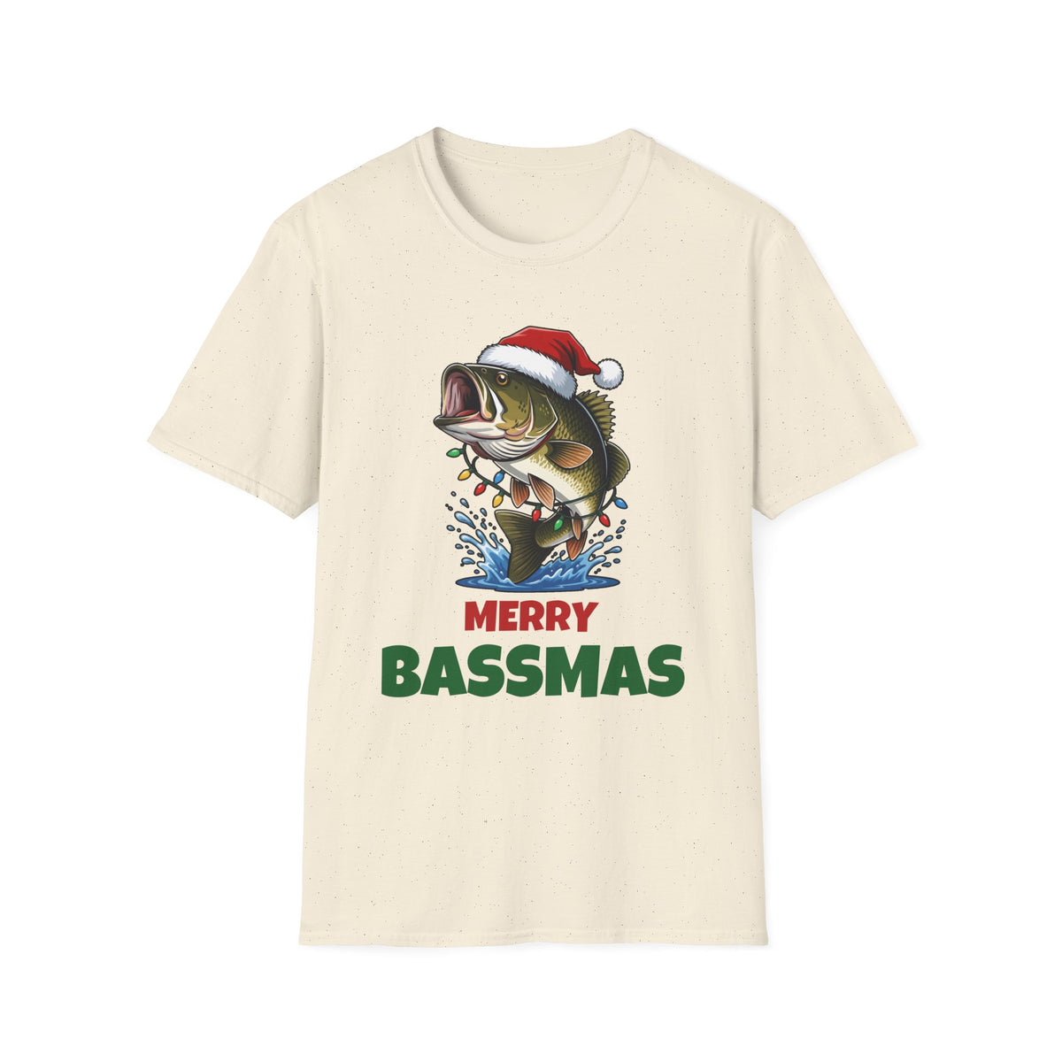 Merry Bassmas Christmas t-shirt in Natural, front view
