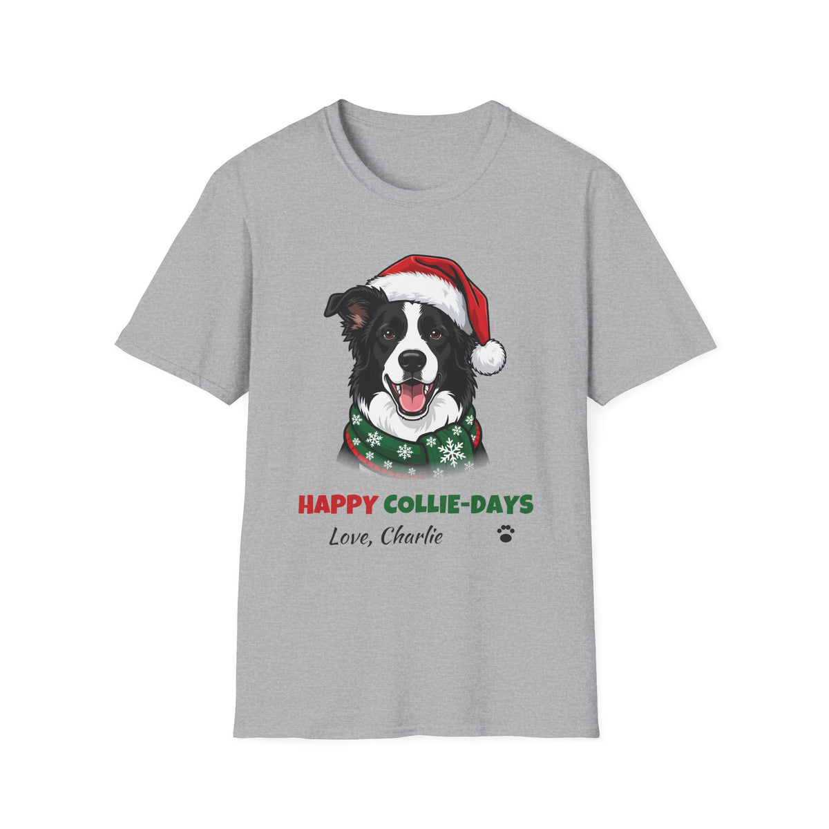 Happy Collie-Days Border Collie Christmas t-shirt in Sport Gray, front view