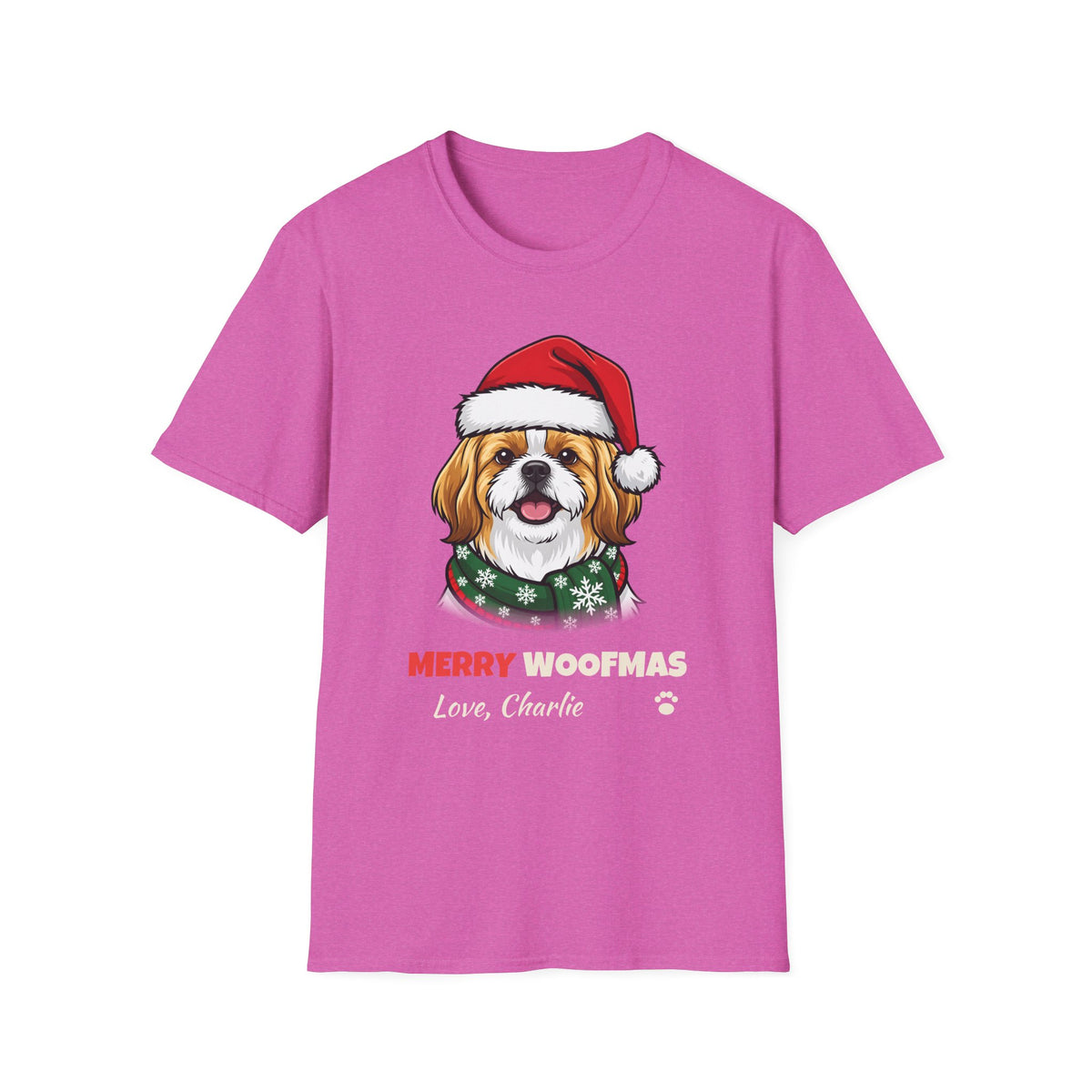 Merry Woofmas Shih Tzu Christmas t-shirt in Heather Berry, front view