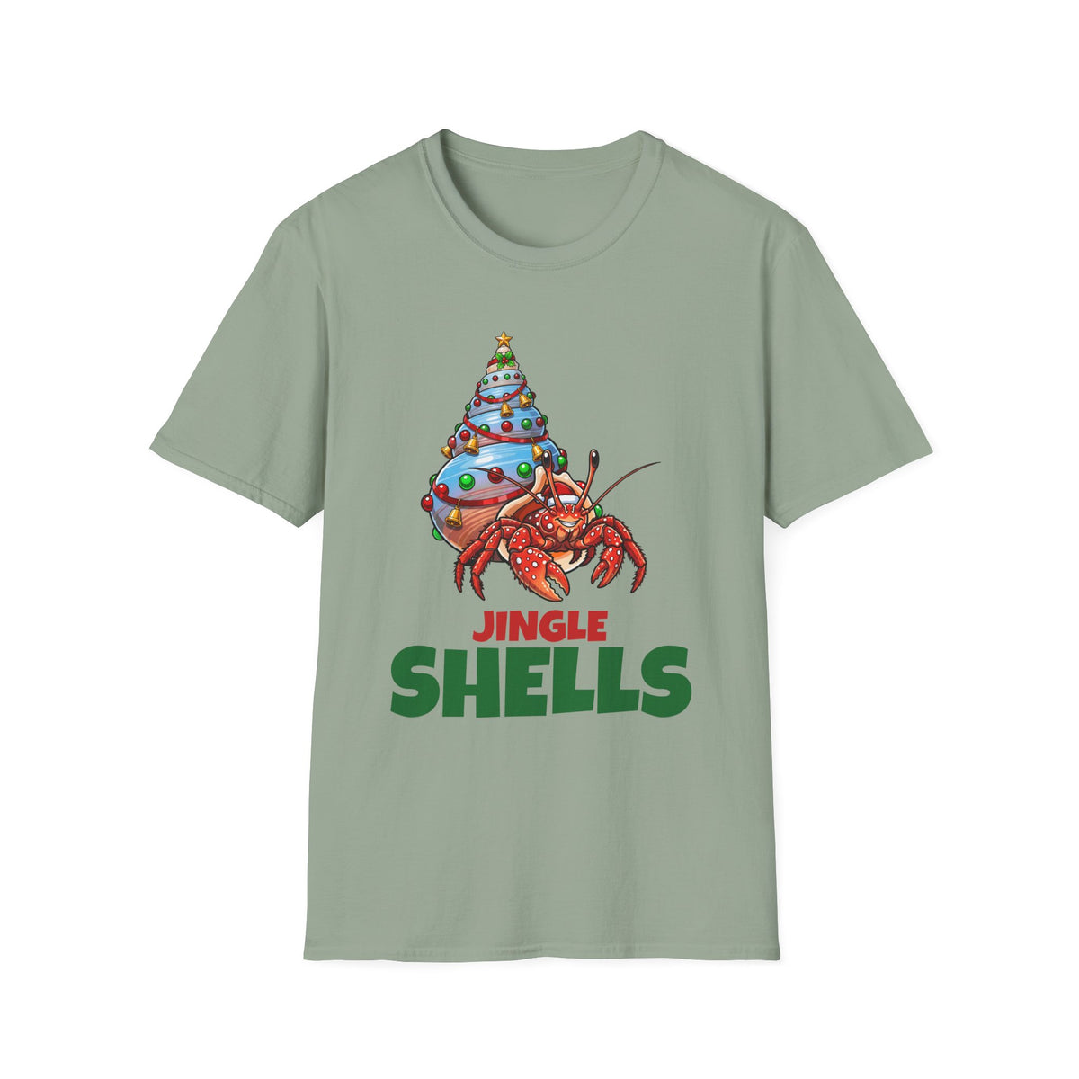 Jingle Shells Christmas t-shirt in Sage, front view