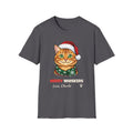 Merry Whiskers Ginger Tabby Cat Christmas t-shirt in Charcoal, front view