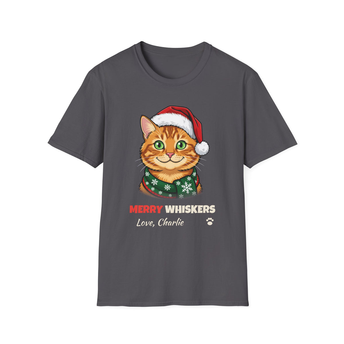 Merry Whiskers Ginger Tabby Cat Christmas t-shirt in Charcoal, front view