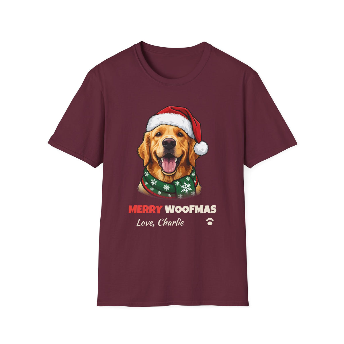 Merry Woofmas Golden Retriever Christmas t-shirt in Maroon, front view