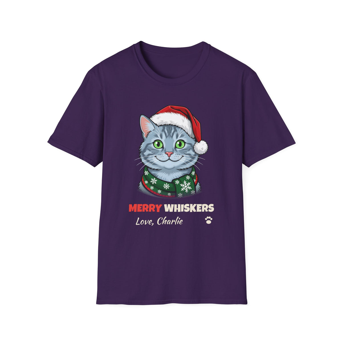 Merry Whiskers Gray Cat Christmas t-shirt in Purple, front view