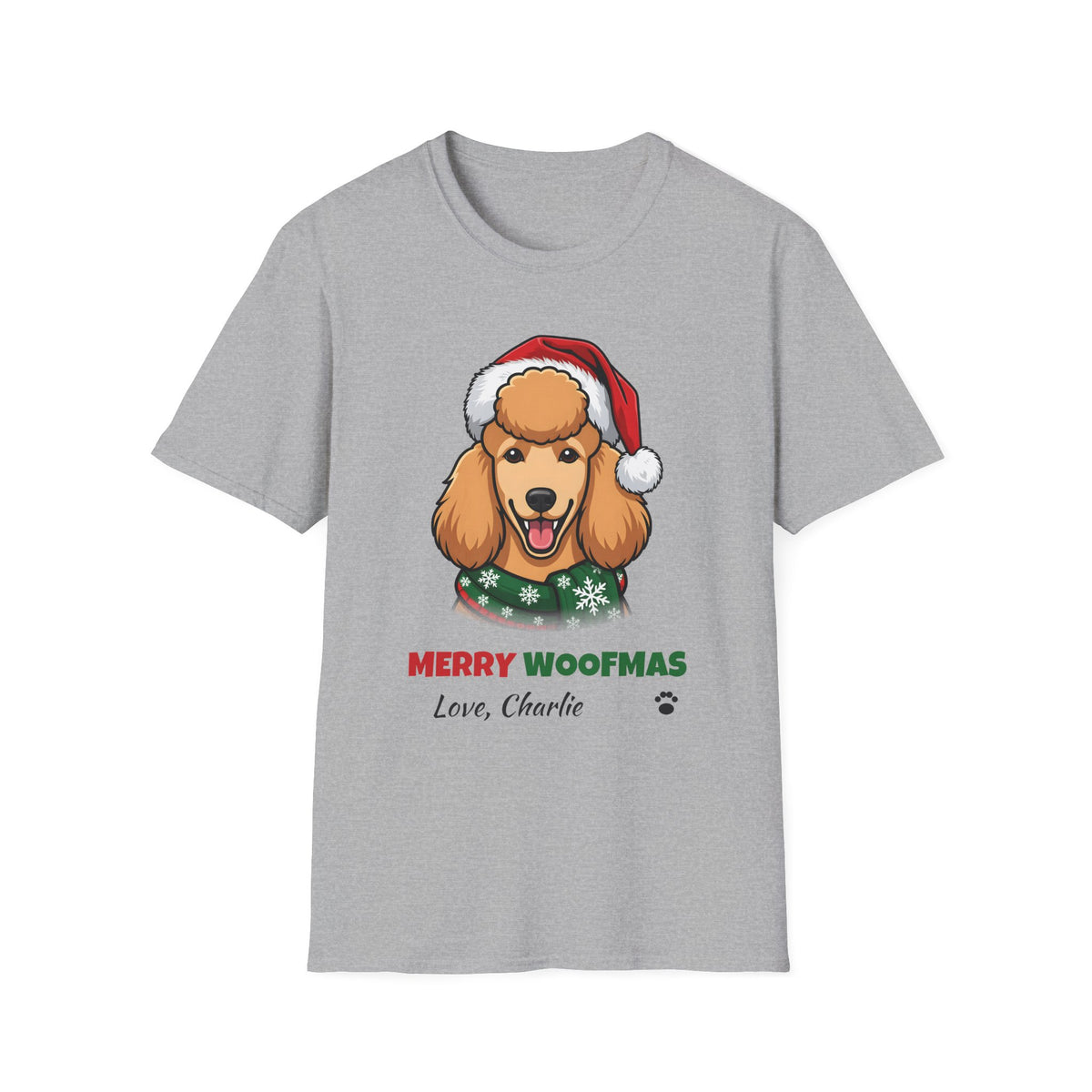 Merry Woofmas Poodle Christmas t-shirt in Sport Gray, front view
