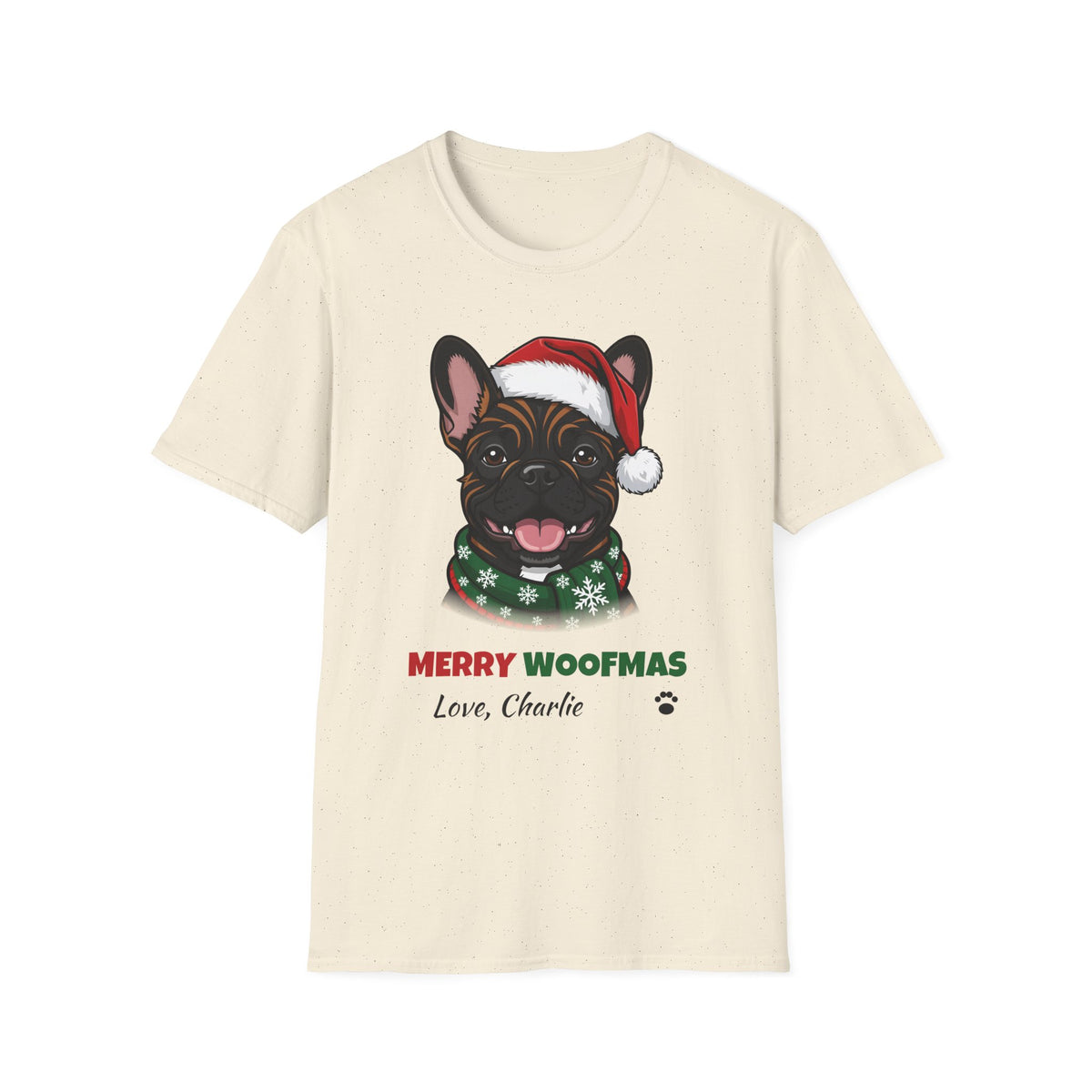Merry Woofmas Brindle French Bulldog Christmas t-shirt in Natural, front view