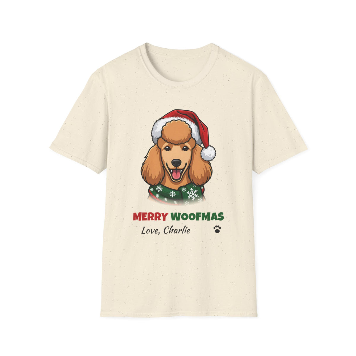 Merry Woofmas Poodle Christmas t-shirt in Natural, front view