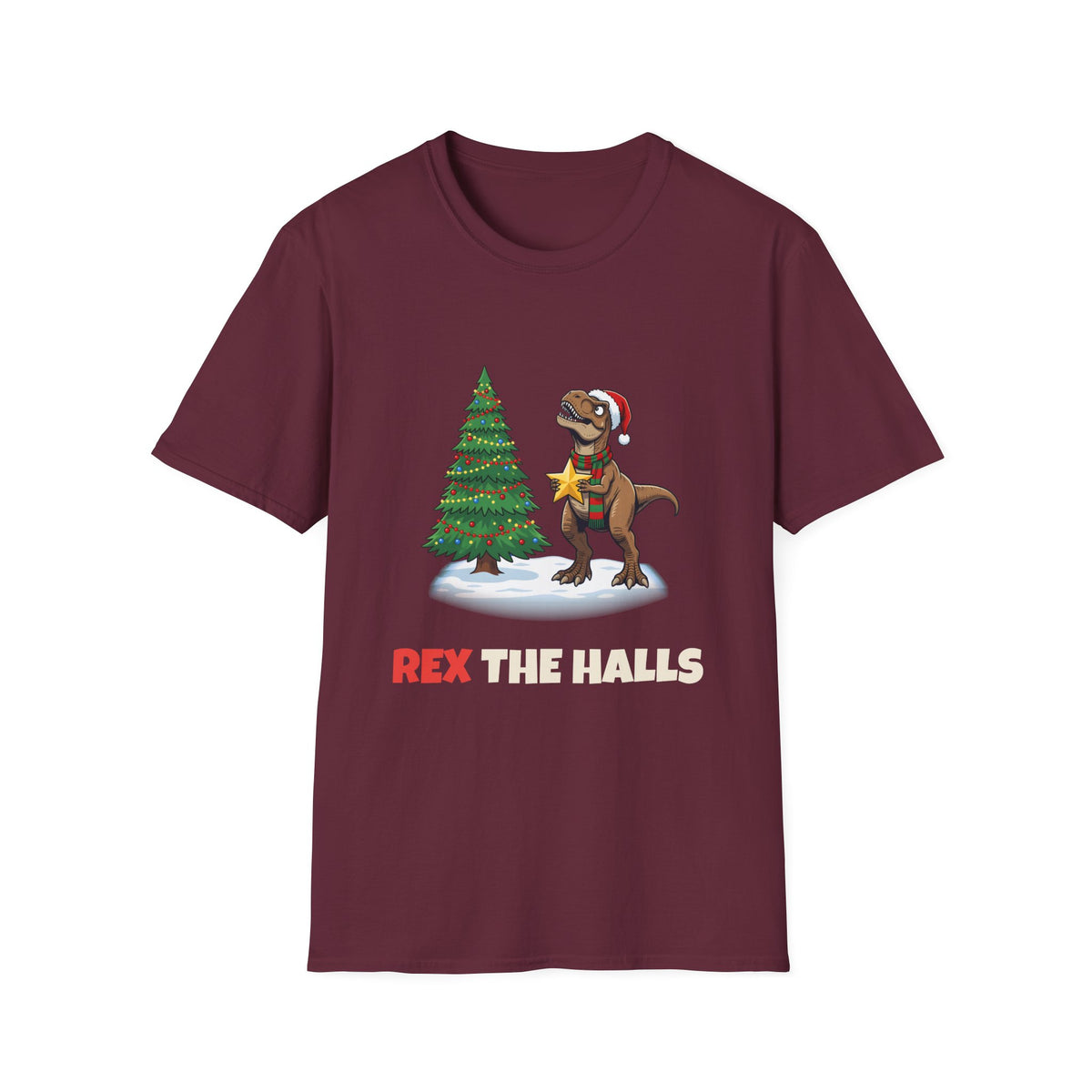 Rex the Halls Christmas t-shirt in Maroon, front view
