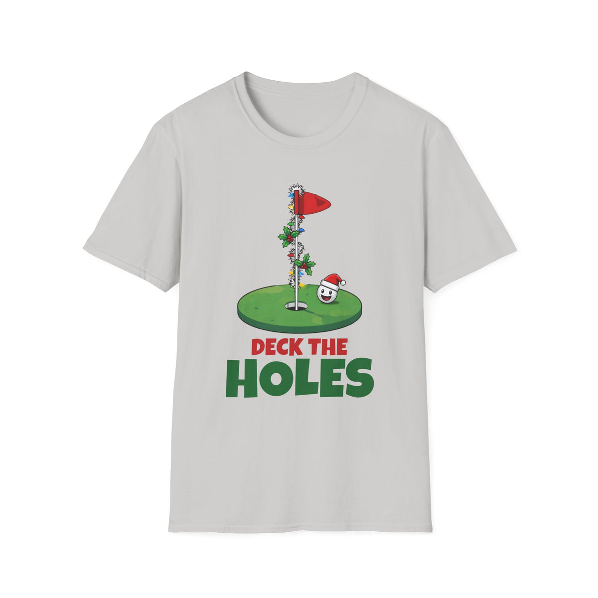 Deck the Holes Christmas t-shirt in Ice Gray, front view