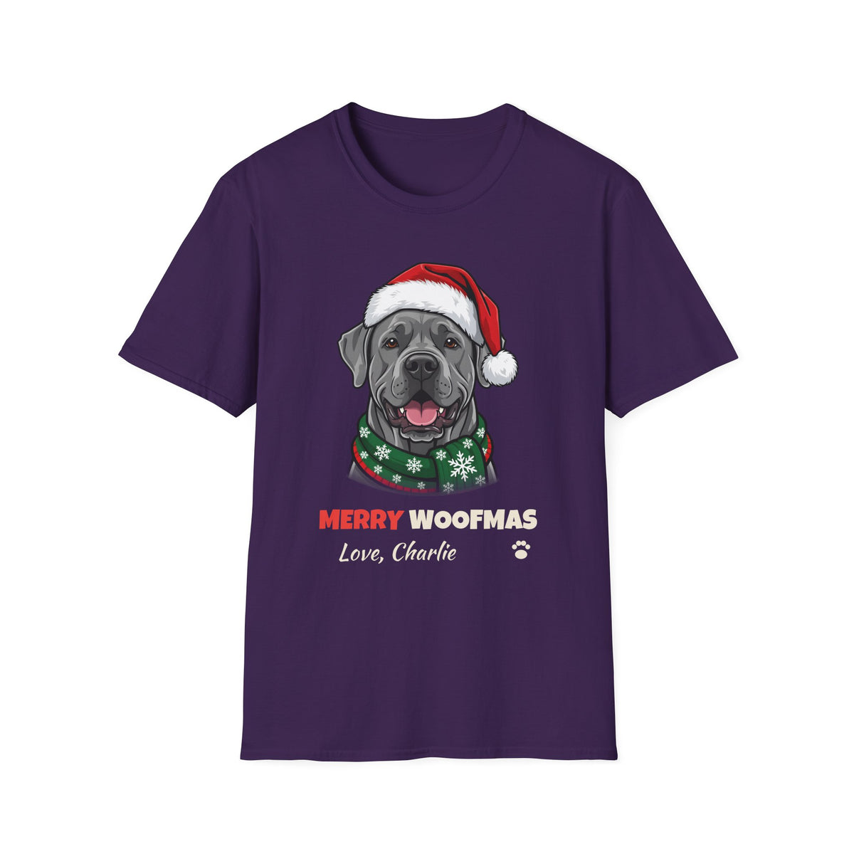 Merry Woofmas Cane Corso Christmas t-shirt in Purple, front view
