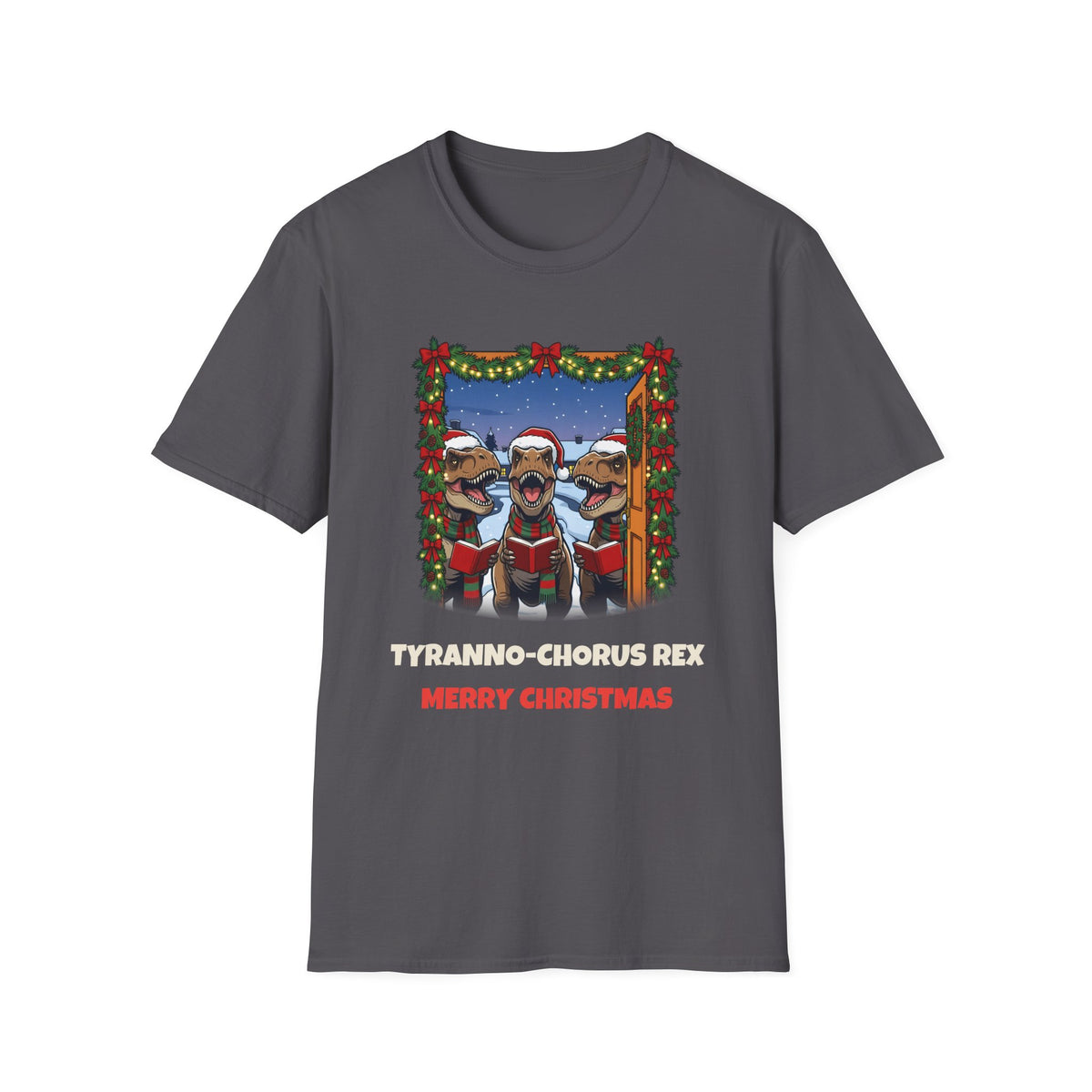 Tyranno-Chorus Rex Christmas t-shirt in Charcoal, front view