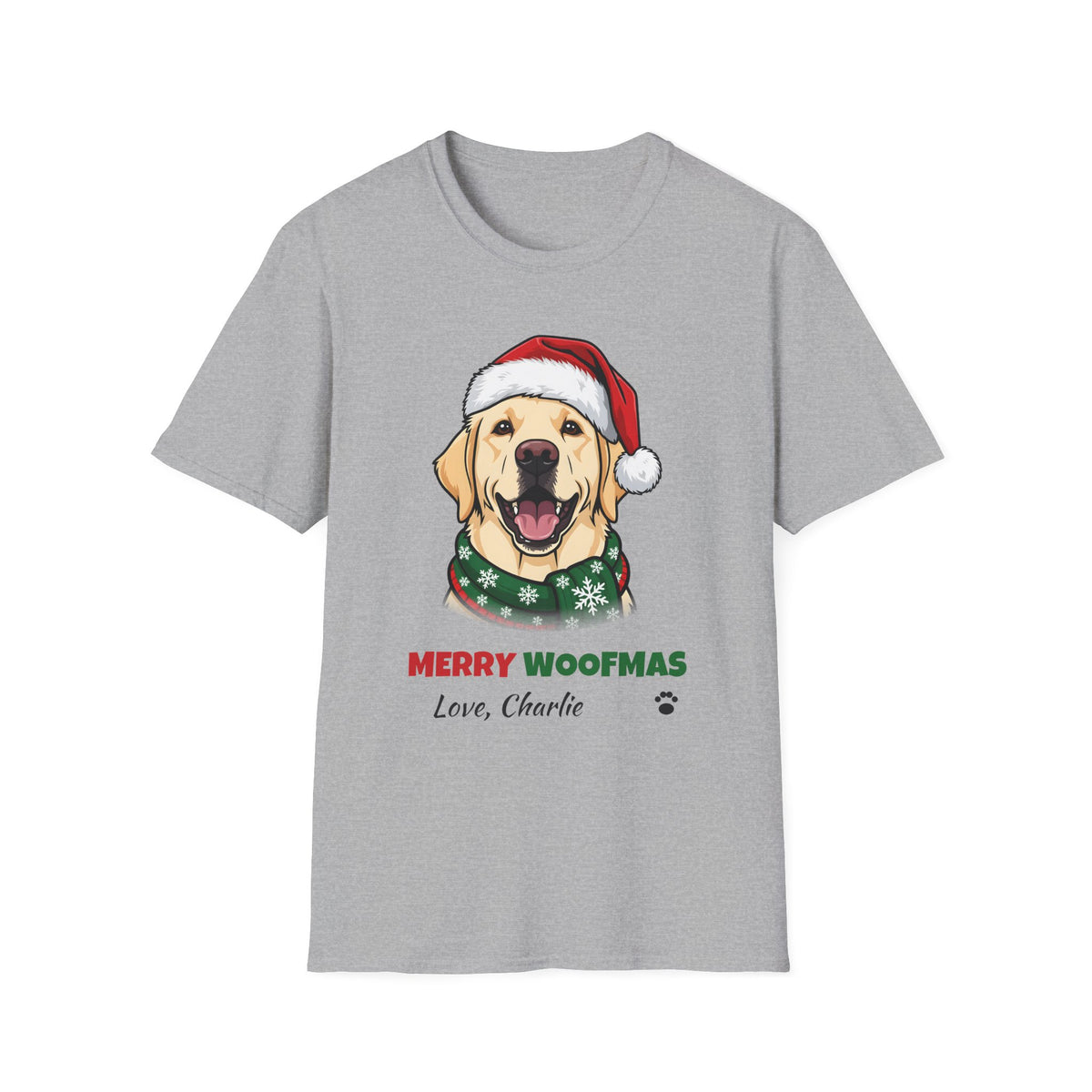 Merry Woofmas Yellow Labrador Christmas t-shirt in Sport Gray, front view