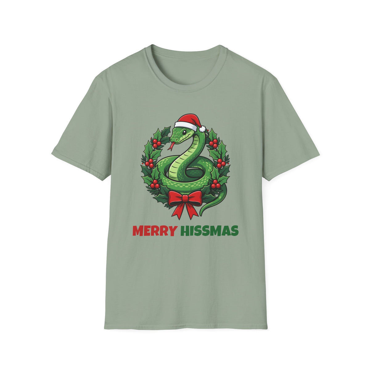 Merry Hissmas Christmas t-shirt in Sage, front view