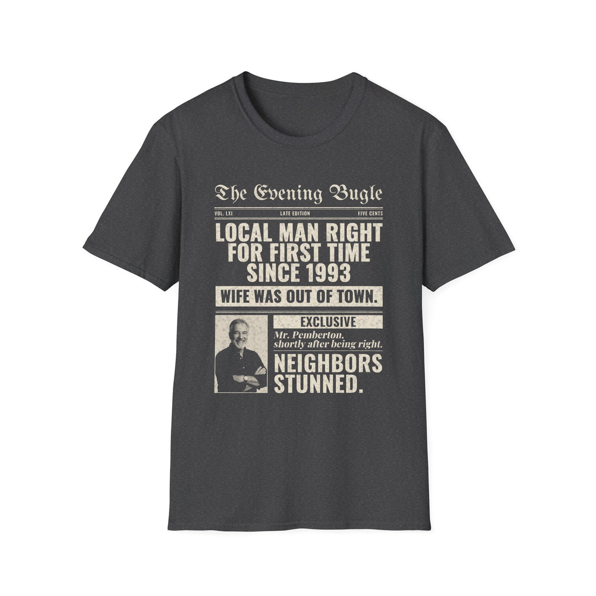Evening Bugle Dad Joke t-shirt in Dark Heather, front view