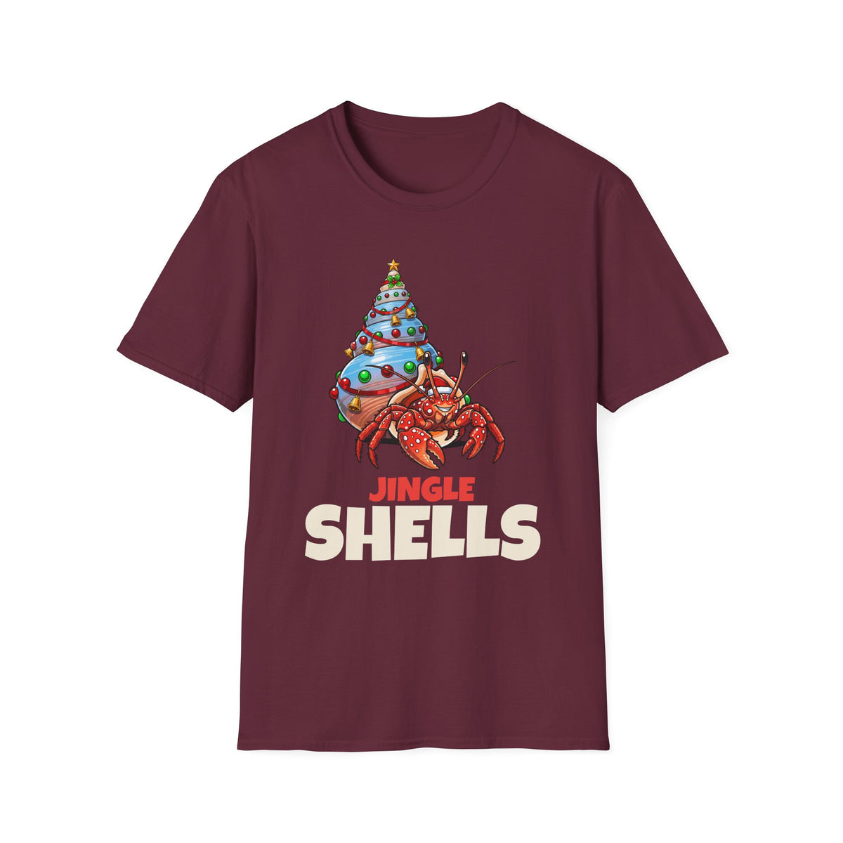 Jingle Shells Christmas t-shirt in Maroon, front view