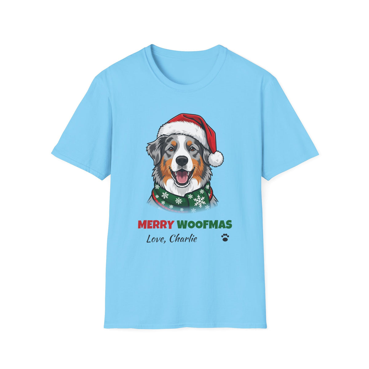 Merry Woofmas Blue Merle Australian Shepherd Christmas t-shirt in Sky, front view