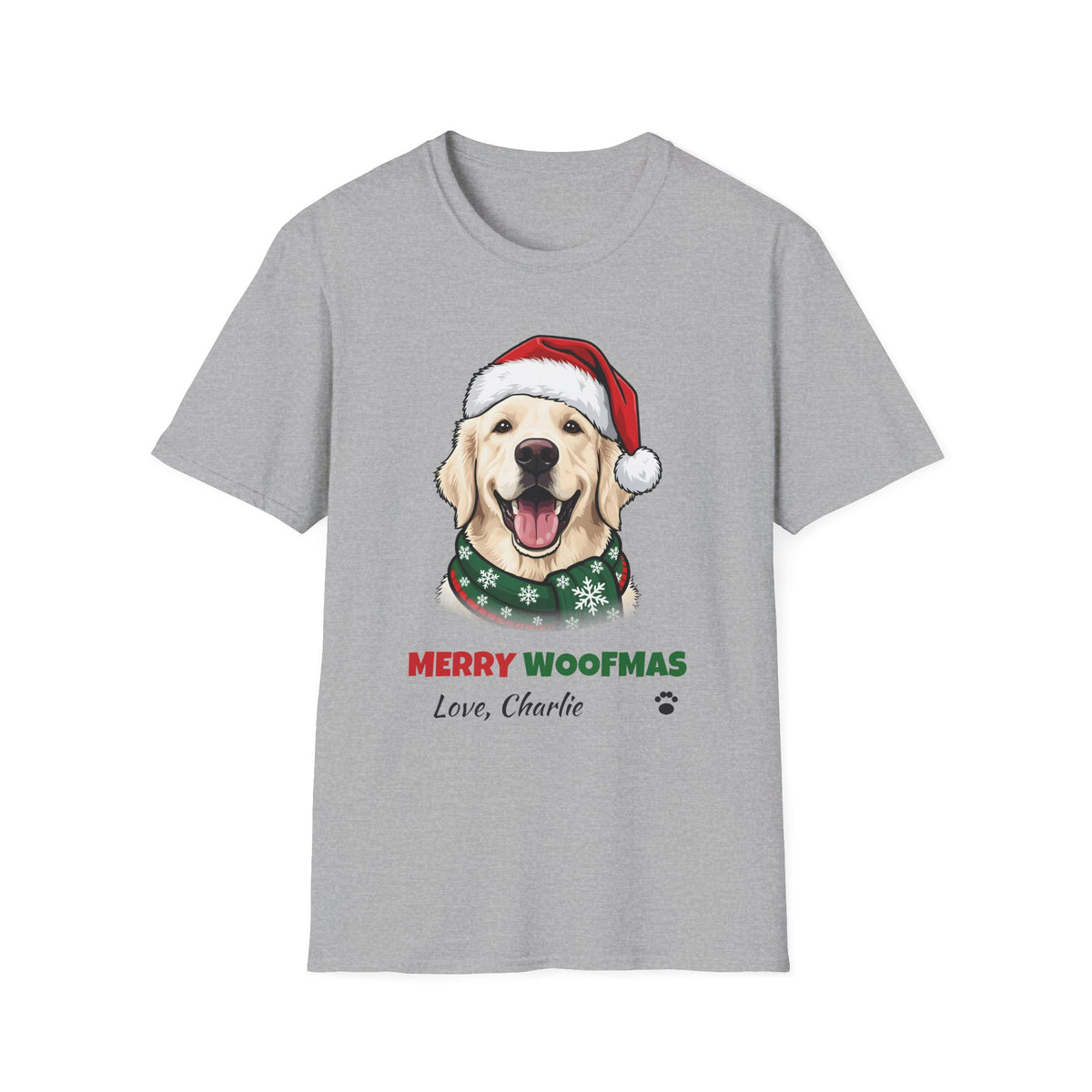 Merry Woofmas English Cream Golden Retriever Christmas t-shirt in Sport Gray, front view