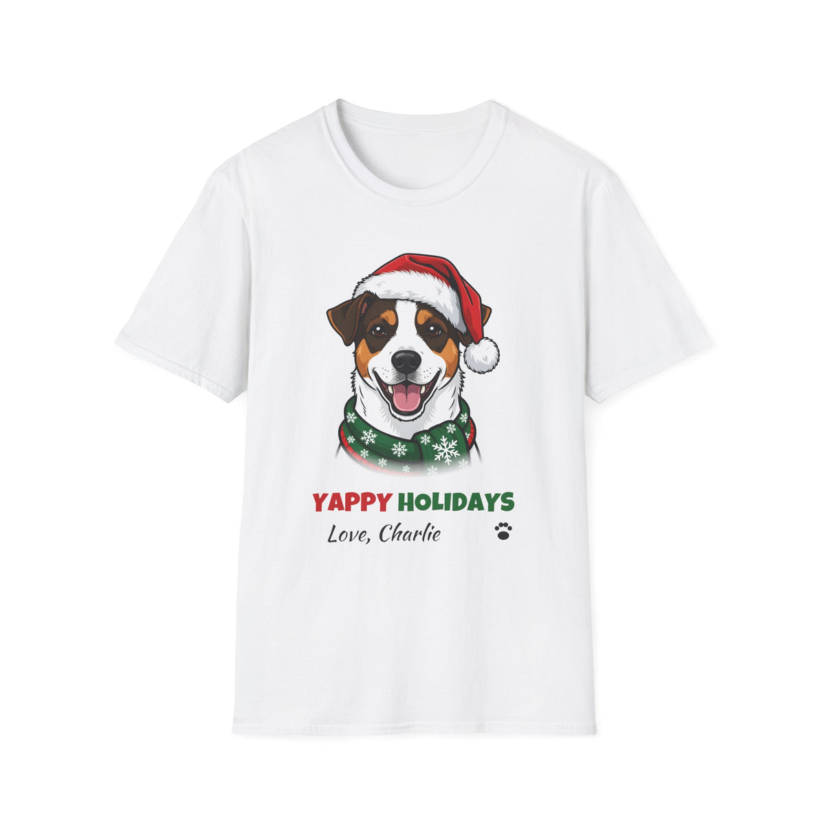 Yappy Holidays Jack Russell Terrier Christmas t-shirt in White, front view