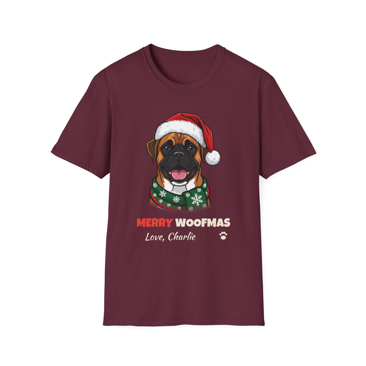 Merry Woofmas Boxer Christmas t-shirt in Maroon, front view