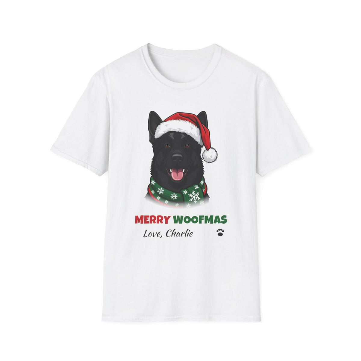 Merry Woofmas Black German Shepherd Christmas t-shirt in White, front view