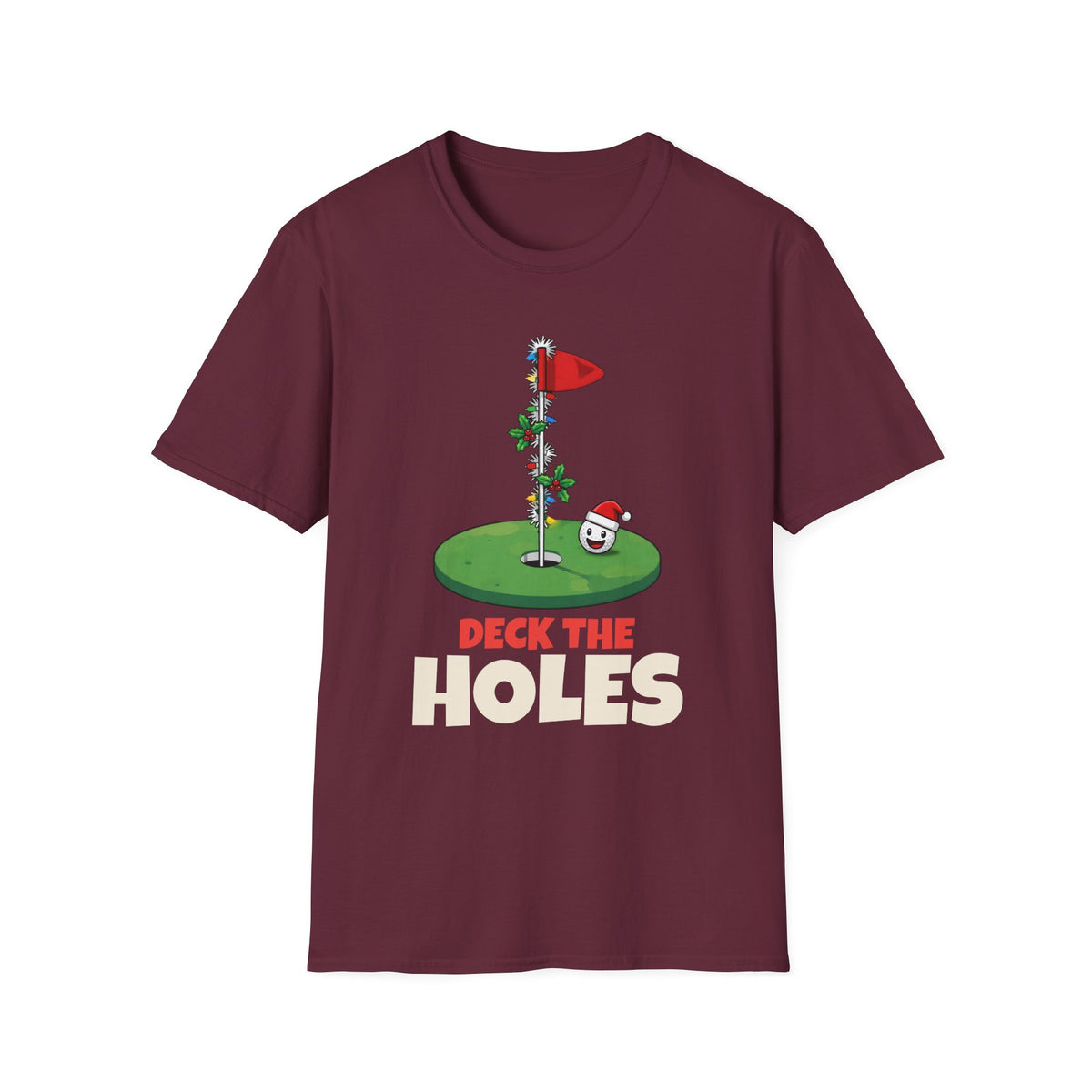 Deck the Holes Christmas t-shirt in Maroon, front view