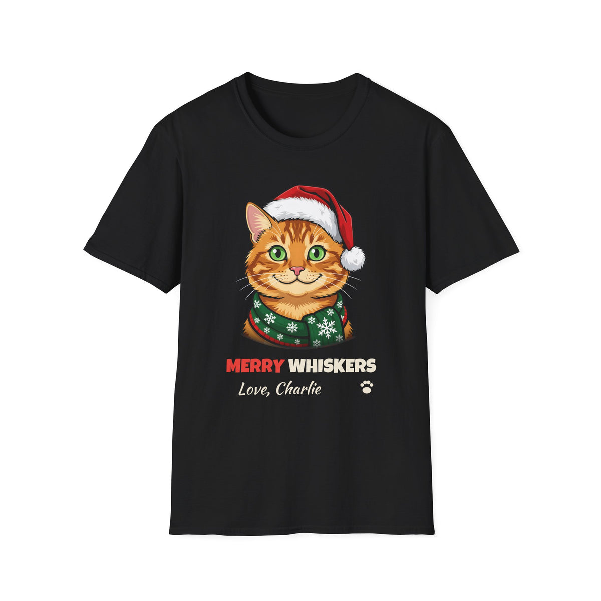 Merry Whiskers Ginger Tabby Cat Christmas t-shirt in Black, front view
