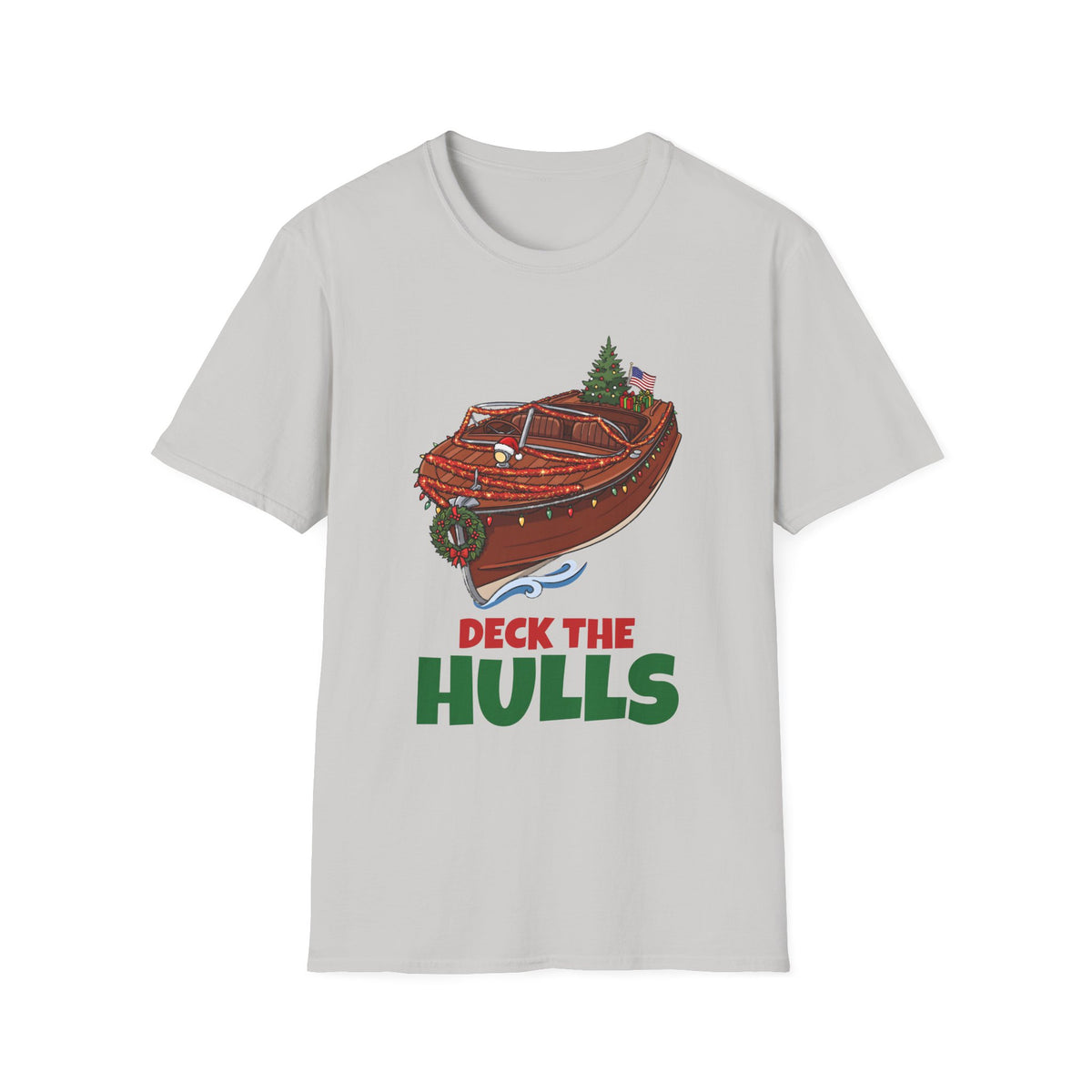 Deck the Hulls Christmas t-shirt in Ice Gray, front view
