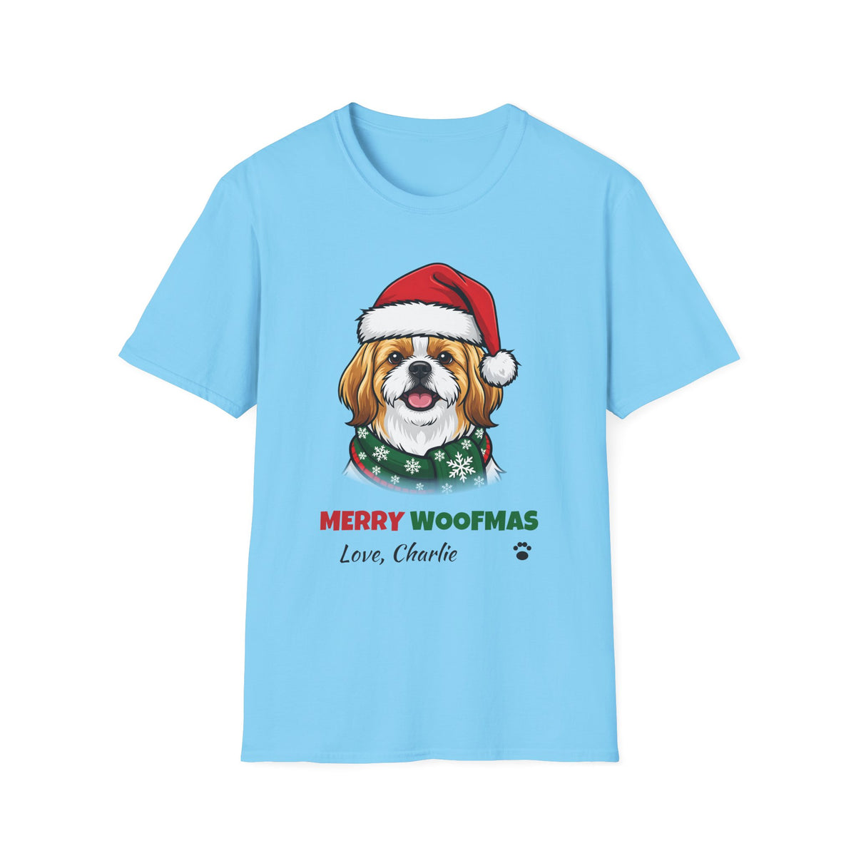 Merry Woofmas Shih Tzu Christmas t-shirt in Sky, front view
