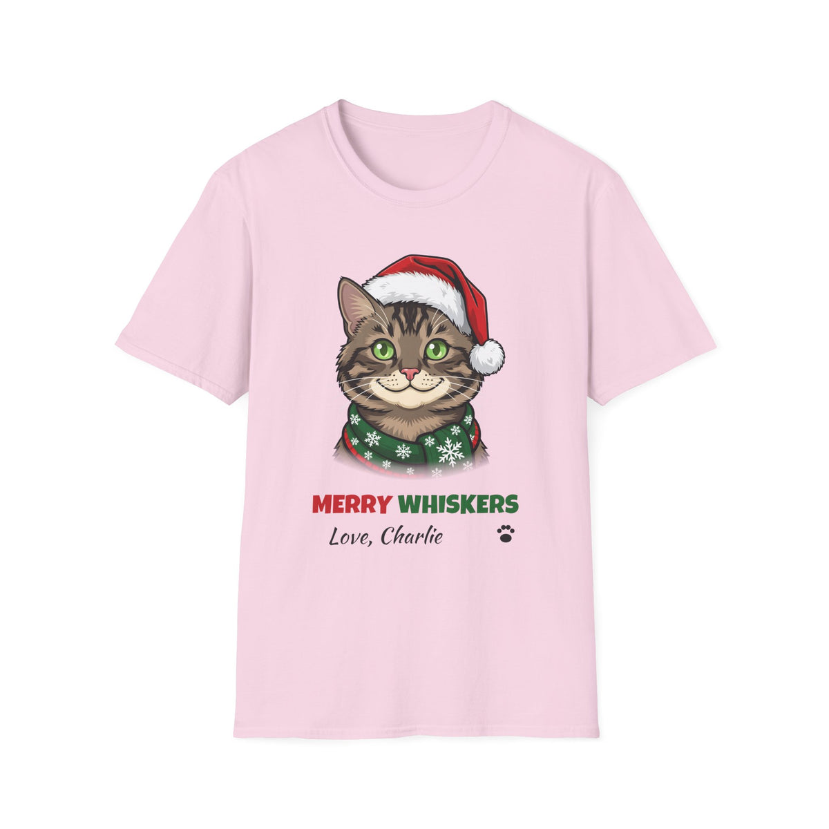 Merry Whiskers Brown Tabby Cat Christmas t-shirt in Light Pink, front view